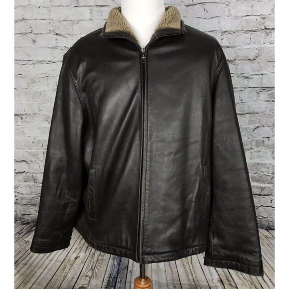 J Ashford Mens Brown Leather Faux Sherpa Full Zip Jacket XXL